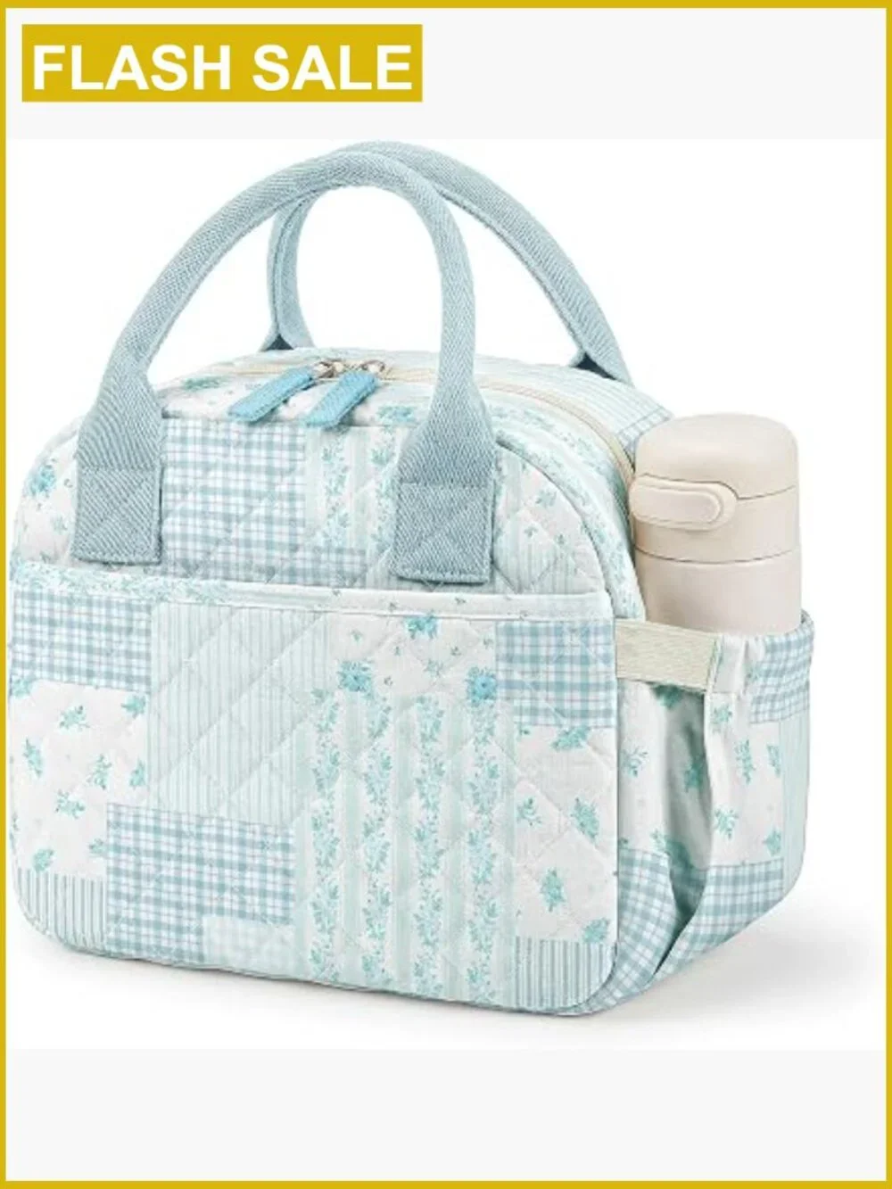 Quilted Insulated Lunch Tote for Women Floral Reusable Lunch Bag with Pockets